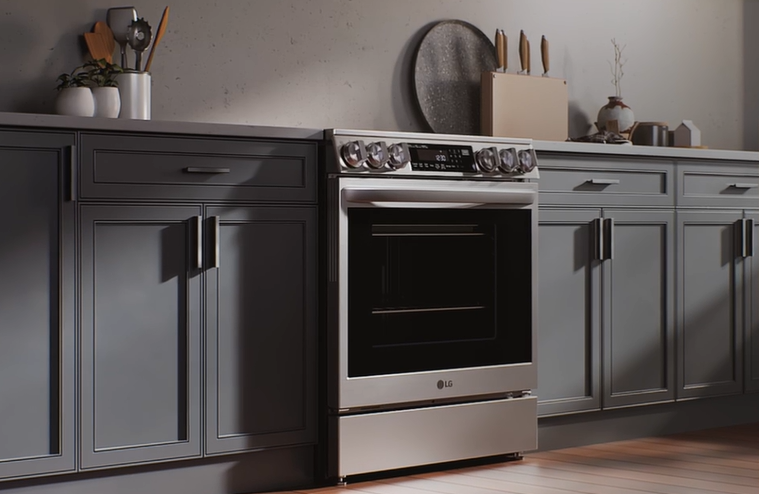 Modern kitchen with a stainless steel oven and dark cabinetry.